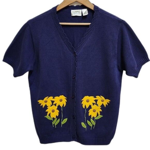 National Wildlife Federation Cardigan Sweater Womens L Navy Sunflowers Vintage - Picture 1 of 11